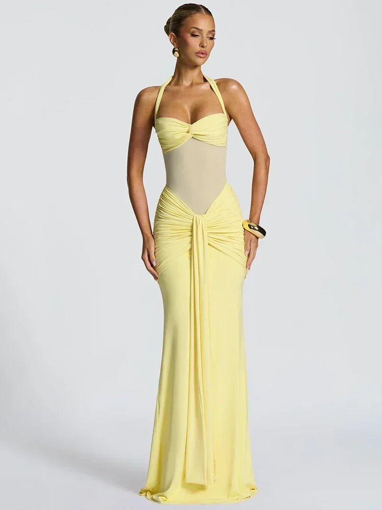 Vestido Sexy, Longo, Estilo Halter, Sem Costas, Justo ao Corpo