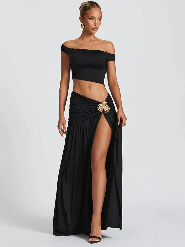 Conjunto Elegante, Top Curto de Gola Assimétrica, Sem Costas e Saia com Abertura,