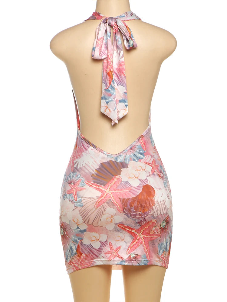 Vestido Justo ao Corpo, com Conchas Metálicas, Estampa Colorida, Sem Costas, Sem Mangas, Estilo Sexy