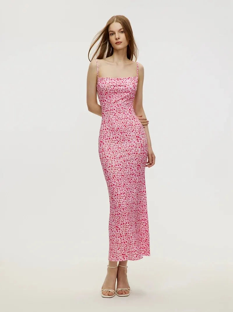 Vestido Longo Floral com Alças Finas, Sem Costas, Estilo Sexy