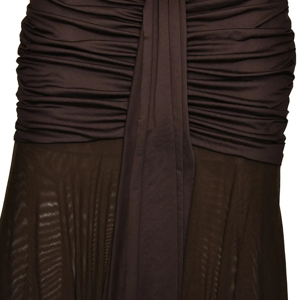 Vestido Longo (Maxi), Sem Costas, com Flores Metálicas e Franzidos (Ruched), Elegante