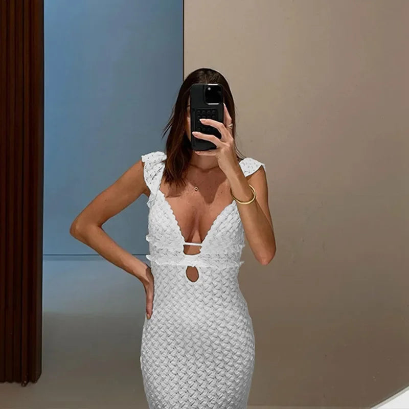 Vestido Longo Sexy , Decote Profundo em V, Sem Mangas, Transparente, Cintura Alta