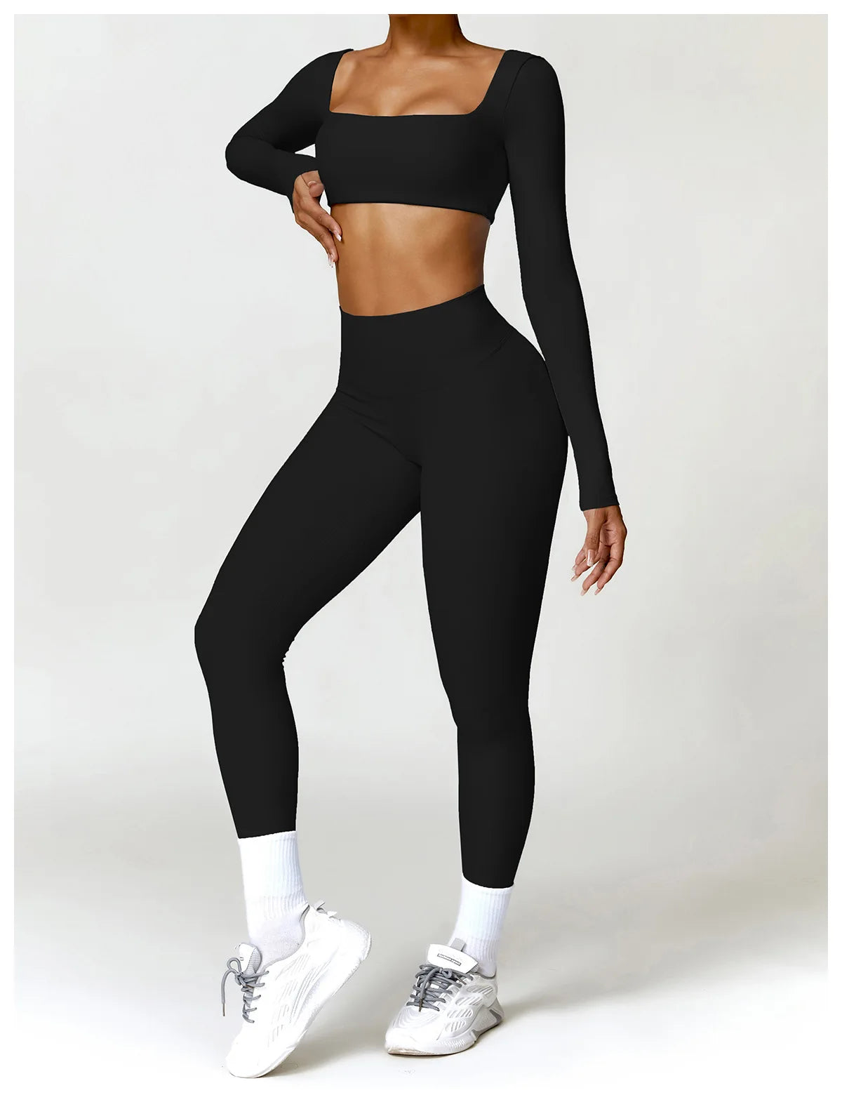 Fato de Treino  2 Peças com Leggings de Ginásio, Top Curto de Manga Comprida