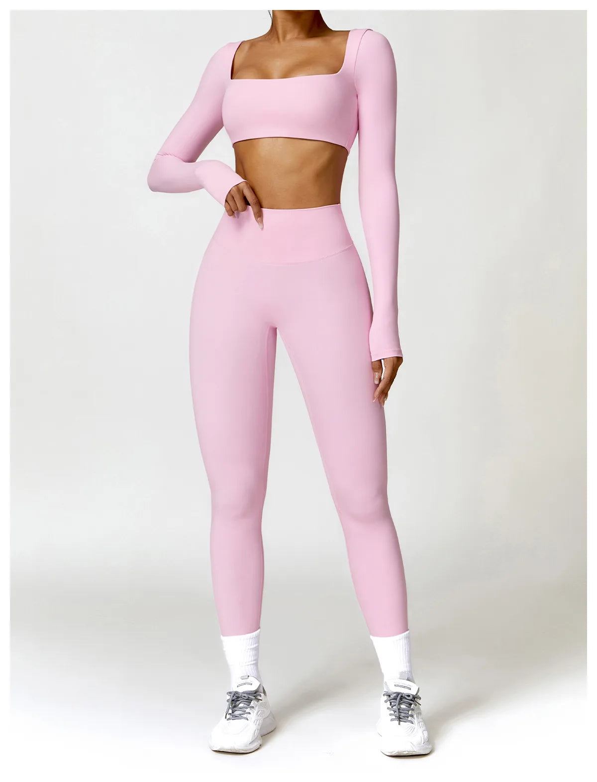 Fato de Treino  2 Peças com Leggings de Ginásio, Top Curto de Manga Comprida