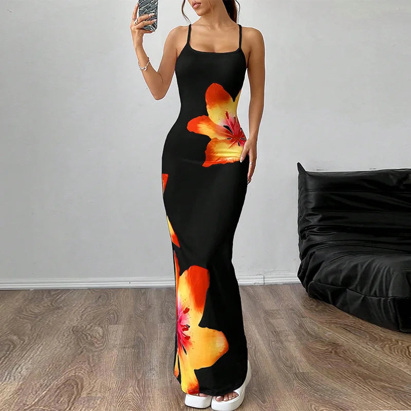 Vestidos compridos sexy com alças e justo Floral