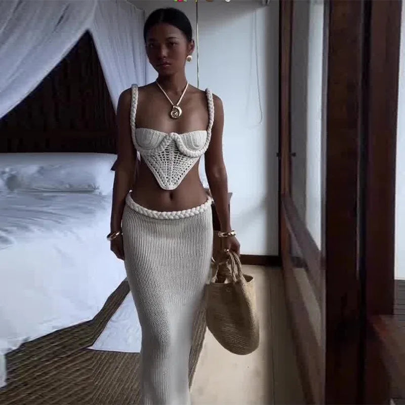 Conjunto de Praia, Top de Biquíni e Saia de Croché, Sexy, Sem Costas, Saia Longa