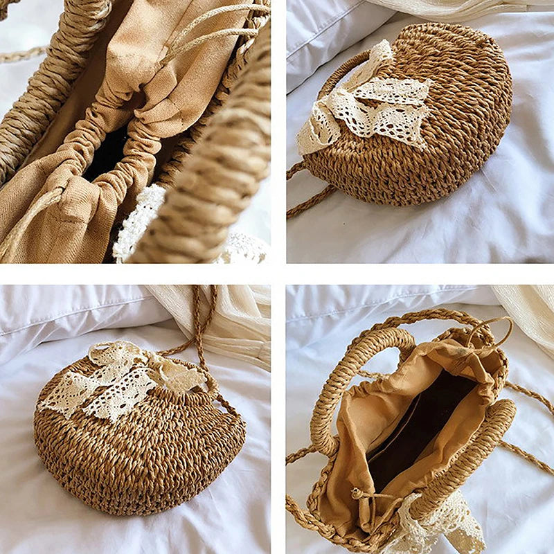 Bolsa de palha tecida de vime semicircular feita à mão