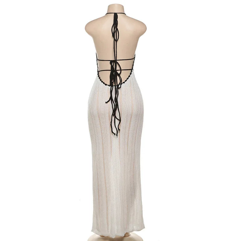 Vestido Longo, Estilo Praia Sexy, com Decote em V, Sem Mangas, Justo ao Corpo