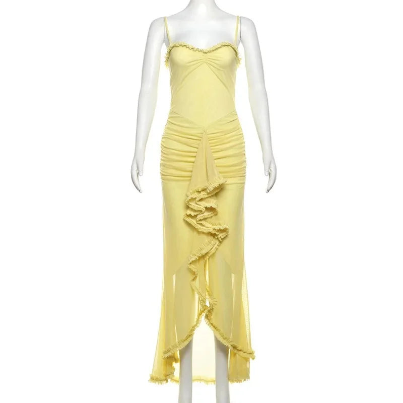 Vestido Longo Elegante, com alças Finas, Barra de Renda, Decote em V