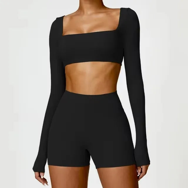 Fato de Treino  2 Peças com Leggings de Ginásio, Top Curto de Manga Comprida