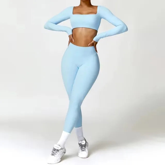 Fato de Treino  2 Peças com Leggings de Ginásio, Top Curto de Manga Comprida