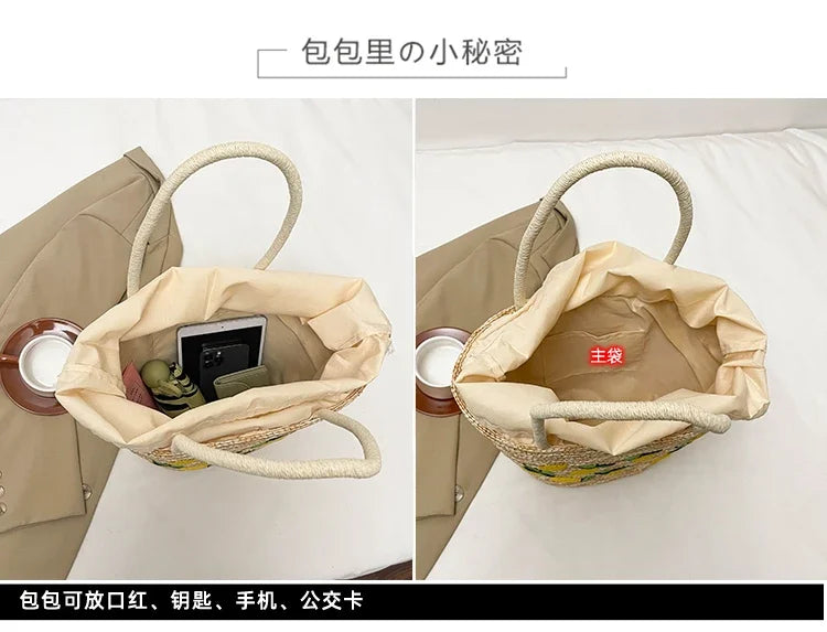 Bolsa de ombro de palha cor sólida com bordado de frutas