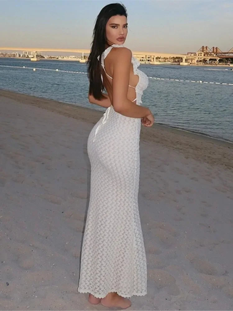 Vestido Longo Sexy , Decote Profundo em V, Sem Mangas, Transparente, Cintura Alta