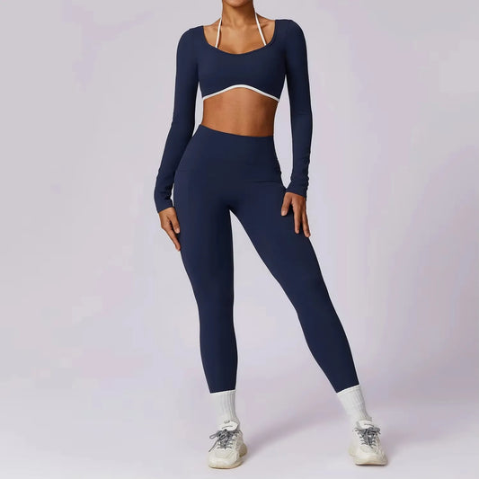 Conjunto de 2 Peças para Ginásio, Sem Costas, com Leggings de Corrida, Top de Fitness