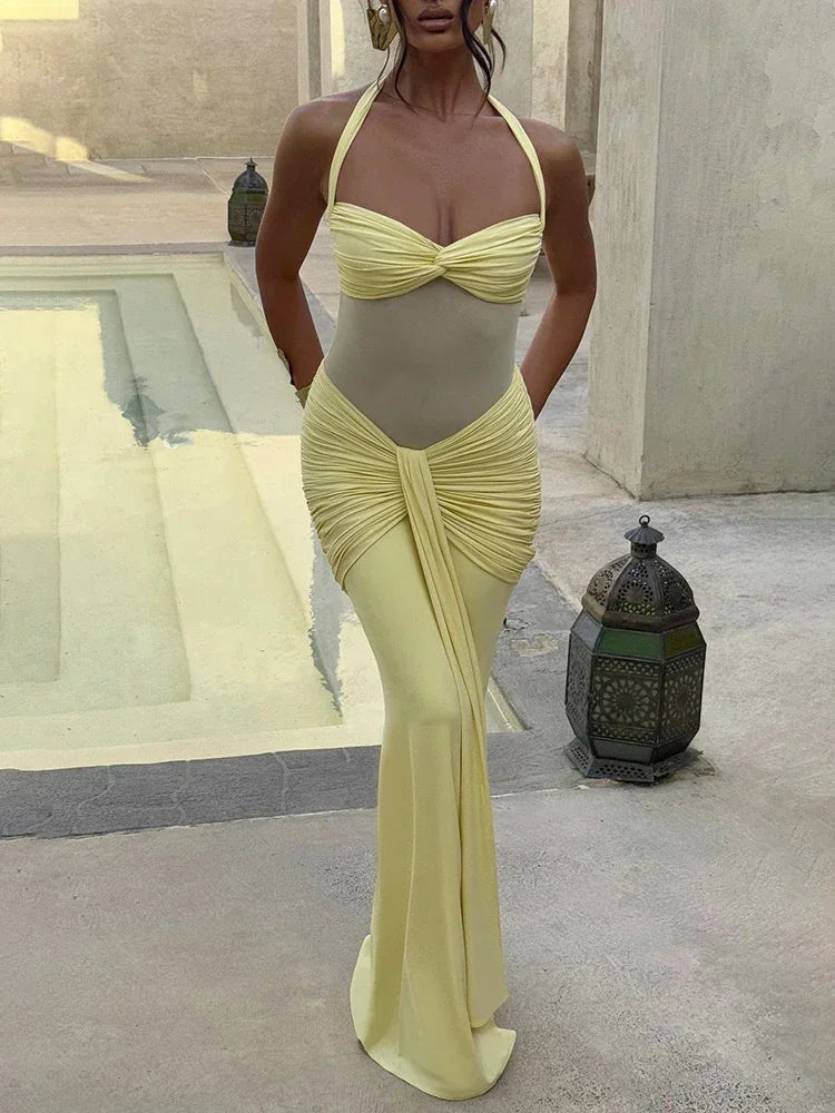 Vestido Sexy, Longo, Estilo Halter, Sem Costas, Justo ao Corpo