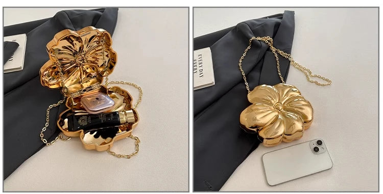 Bolsa de Ombro Feminina Metálica com Formato de Flor Acrílico