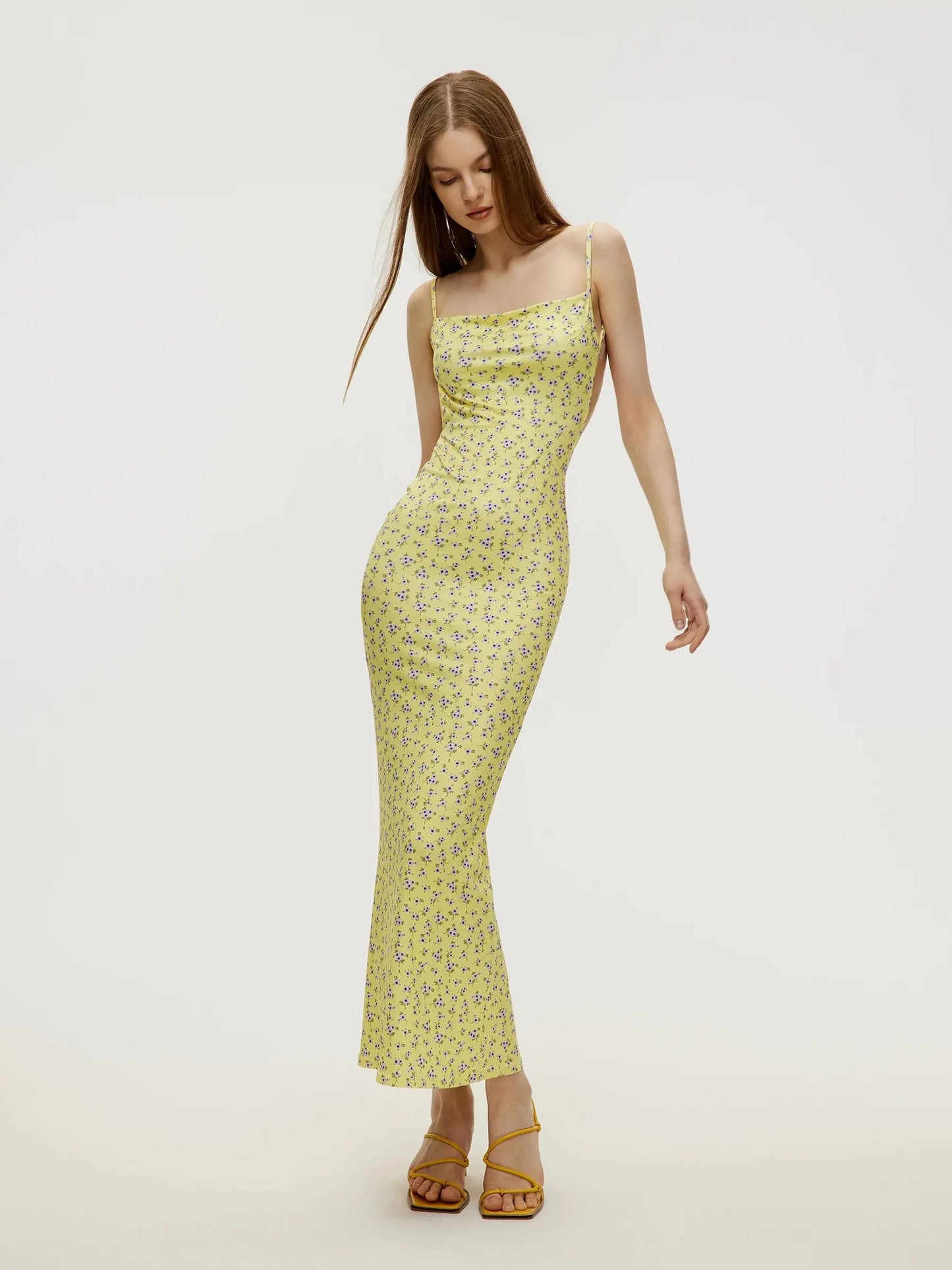 Vestido Longo Floral com Alças Finas, Sem Costas, Estilo Sexy