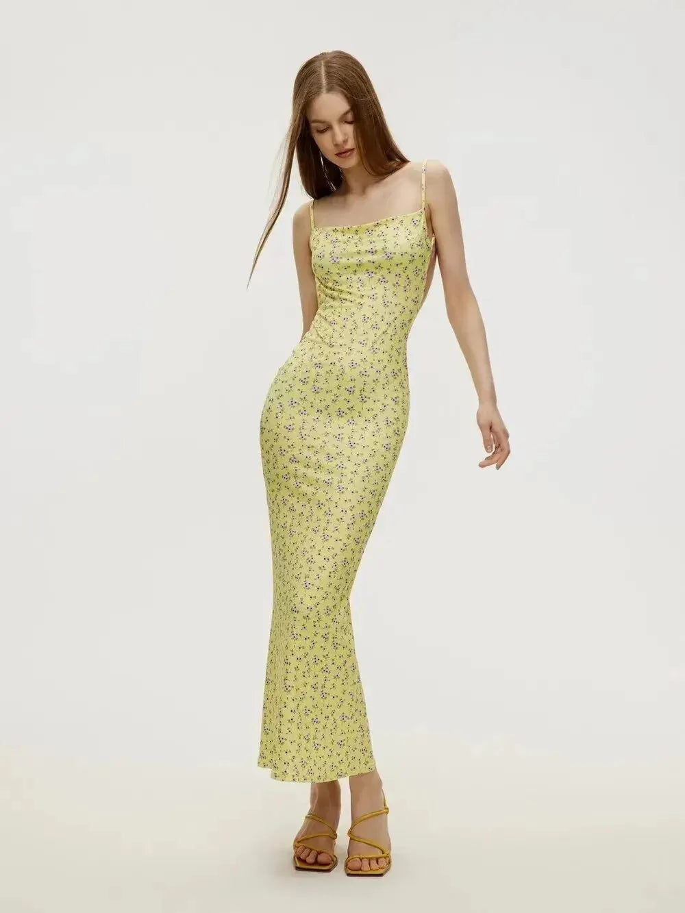 Vestido Longo Floral com Alças Finas, Sem Costas, Estilo Sexy