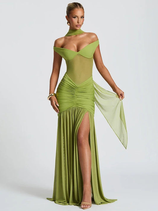 Vestido Longo Sexy e Elegante, com Ombros Descobertos, Sem Costas, com Alças ao Pescoço