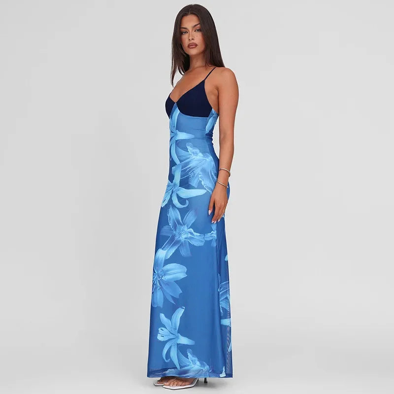 Vestido Longo, Justo ao Corpo, Elegante, Estampa Floral, Sem Mangas, Decote em V, Sem Costas