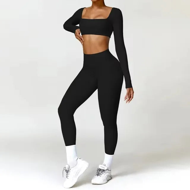 Fato de Treino  2 Peças com Leggings de Ginásio, Top Curto de Manga Comprida