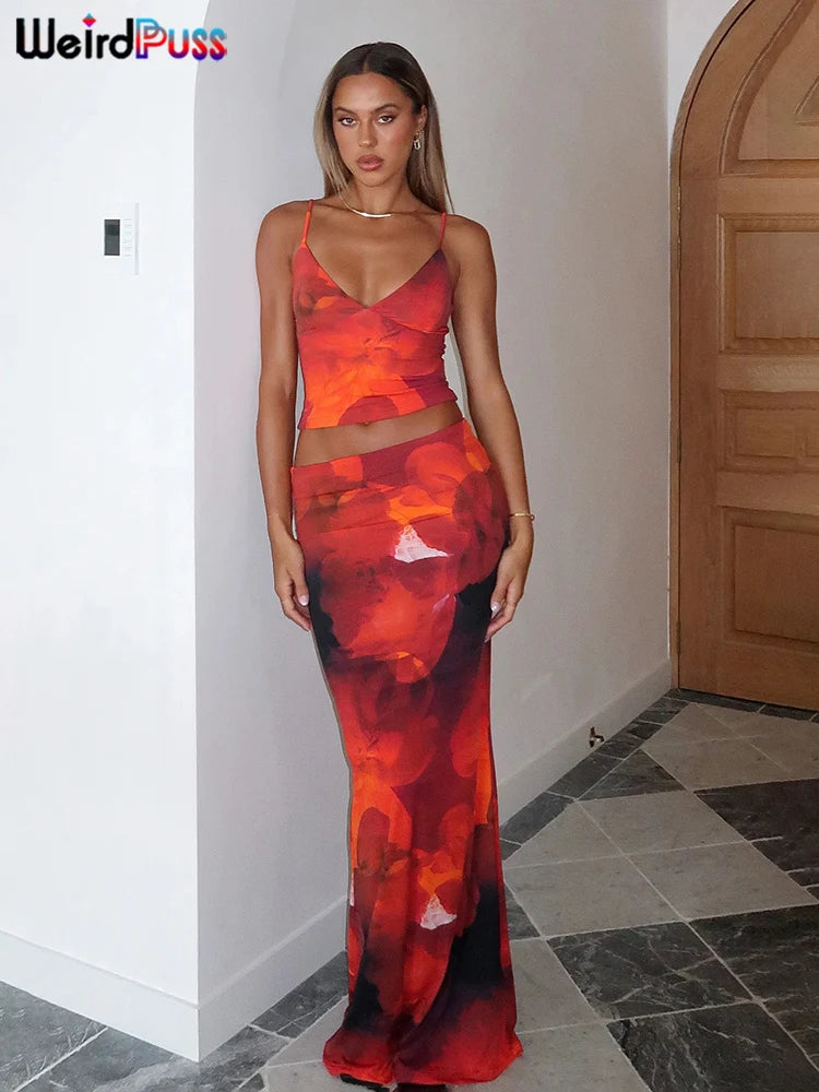 Conjunto de 2 Peças Florido, Estilo Praia, Elegante, Top com Decote em V + Saia Maxi