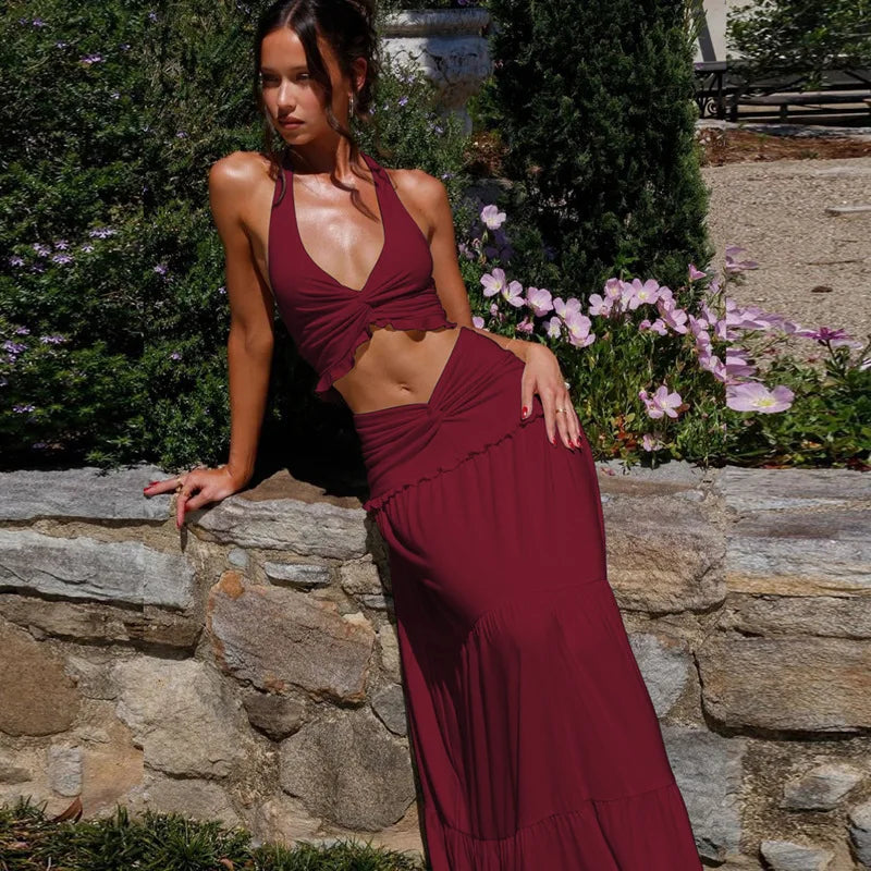 Conjunto Sexy de 2 Peças, Saia Lisa e Longa, Top Curto,Estilo Verão