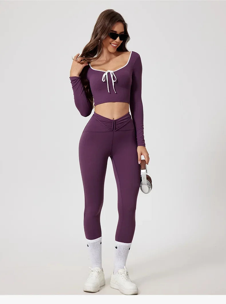 Conjunto de Yoga Sem Costuras Desportivo Calça e Blusa de Manga