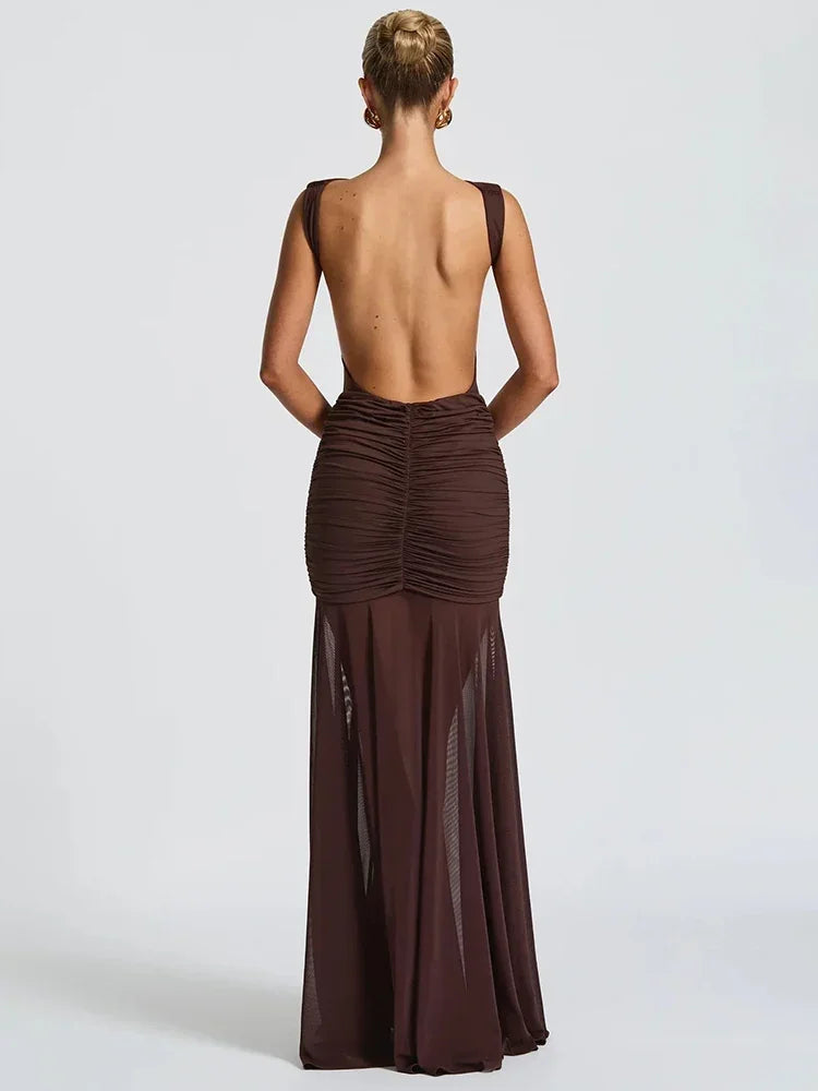 Vestido Longo (Maxi), Sem Costas, com Flores Metálicas e Franzidos (Ruched), Elegante