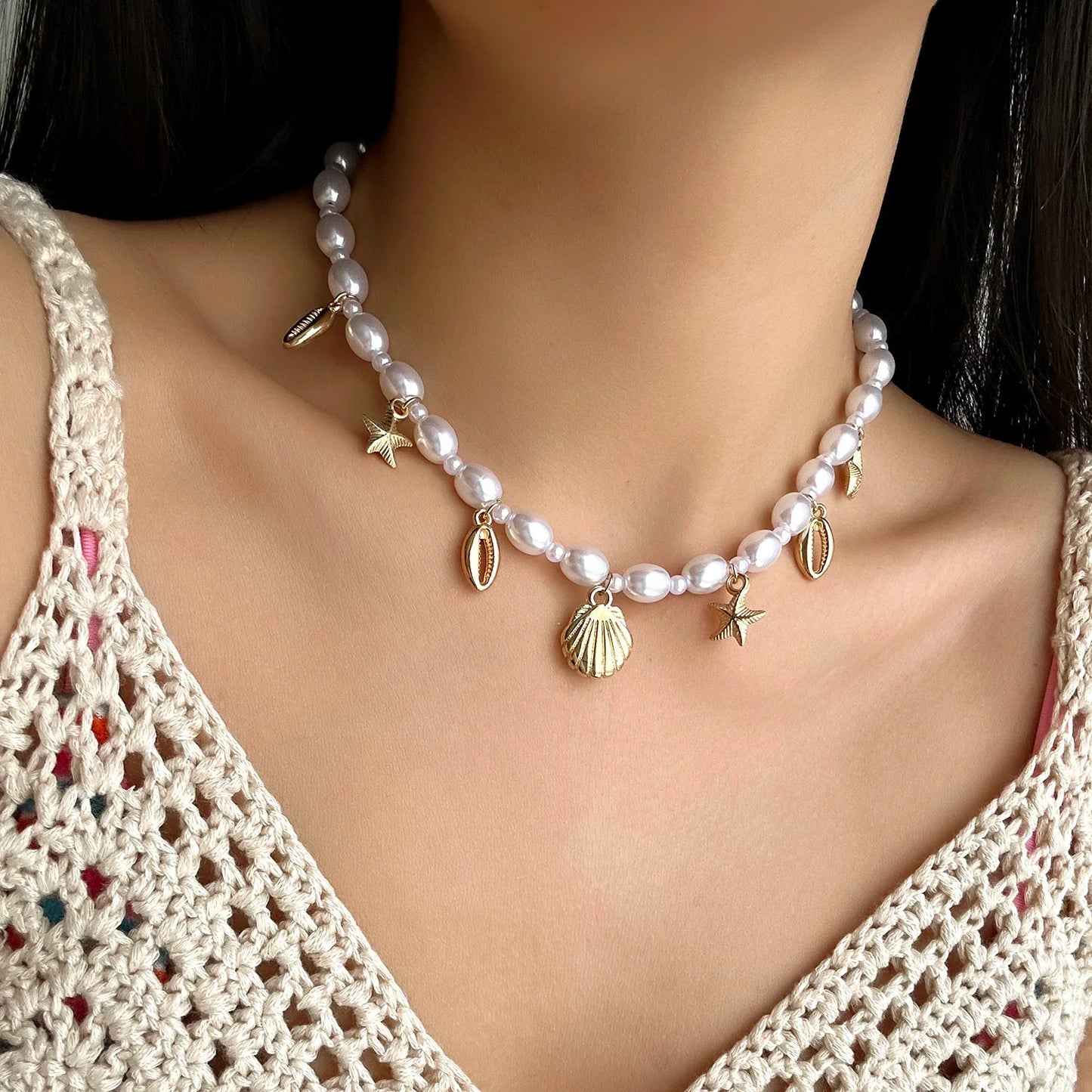 Colar com Pinguente de Concha com Pérola e Estrela-do-mar