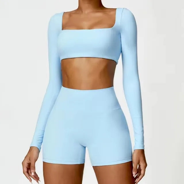Fato de Treino  2 Peças com Leggings de Ginásio, Top Curto de Manga Comprida