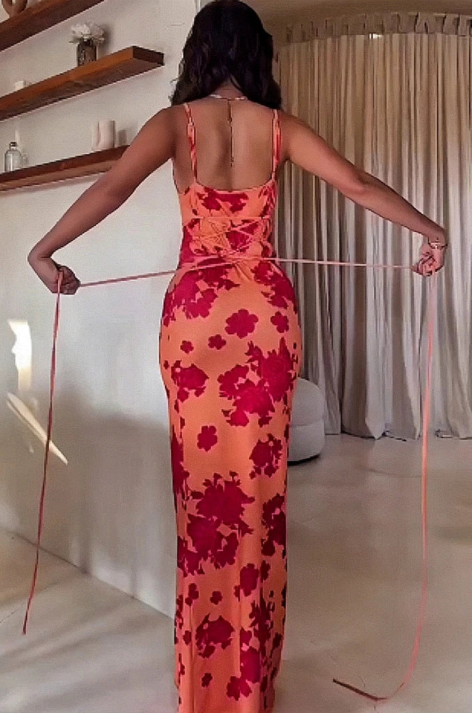 Vestidos Sexy para Verão , Sem Costas, com Laços (Lace-Up) e Estampa Florida