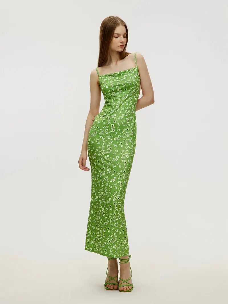 Vestido Longo Floral com Alças Finas, Sem Costas, Estilo Sexy