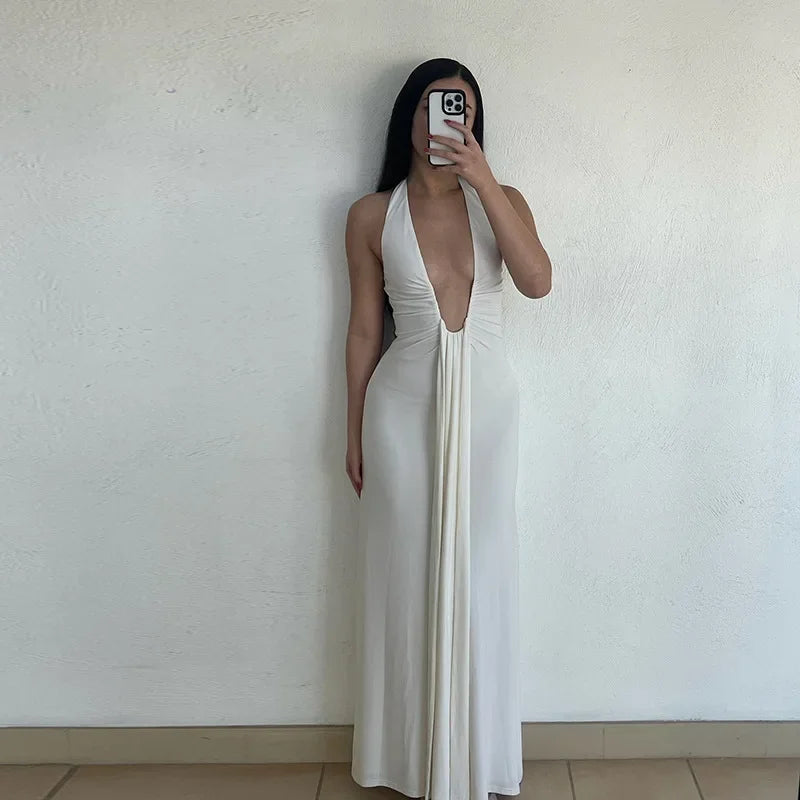 Vestido Longo Elegante e Sexy, Decote Profundo em V