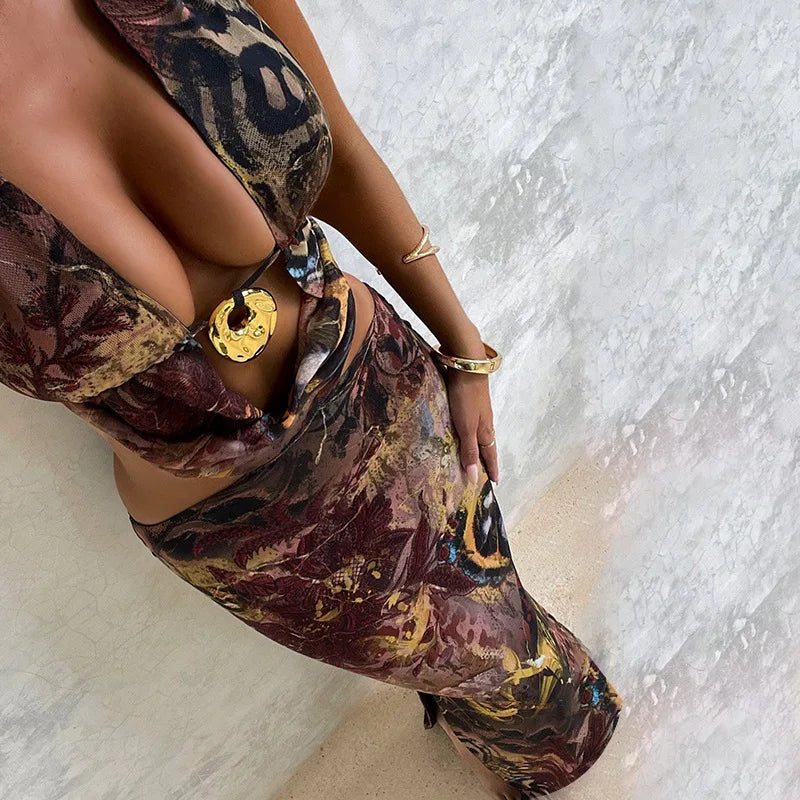 Vestido Estampado, Sexy, com Decote Profundo em V, Alças ao Pescoço