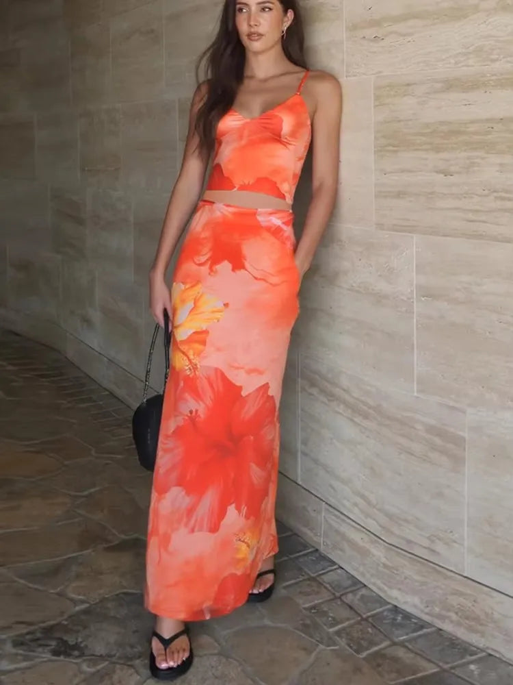Conjunto de 2 Peças Florido, Estilo Praia, Elegante, Top com Decote em V + Saia Maxi