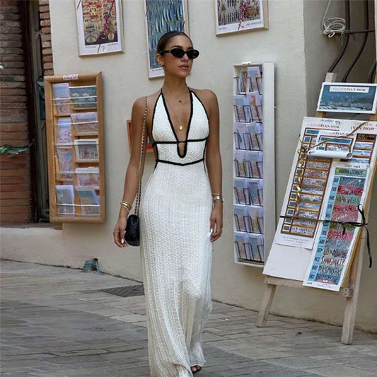 Vestido Longo, Estilo Praia Sexy, com Decote em V, Sem Mangas, Justo ao Corpo