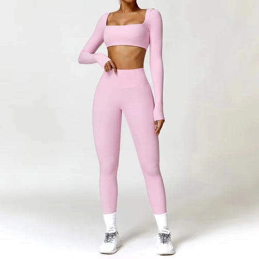 Fato de Treino  2 Peças com Leggings de Ginásio, Top Curto de Manga Comprida