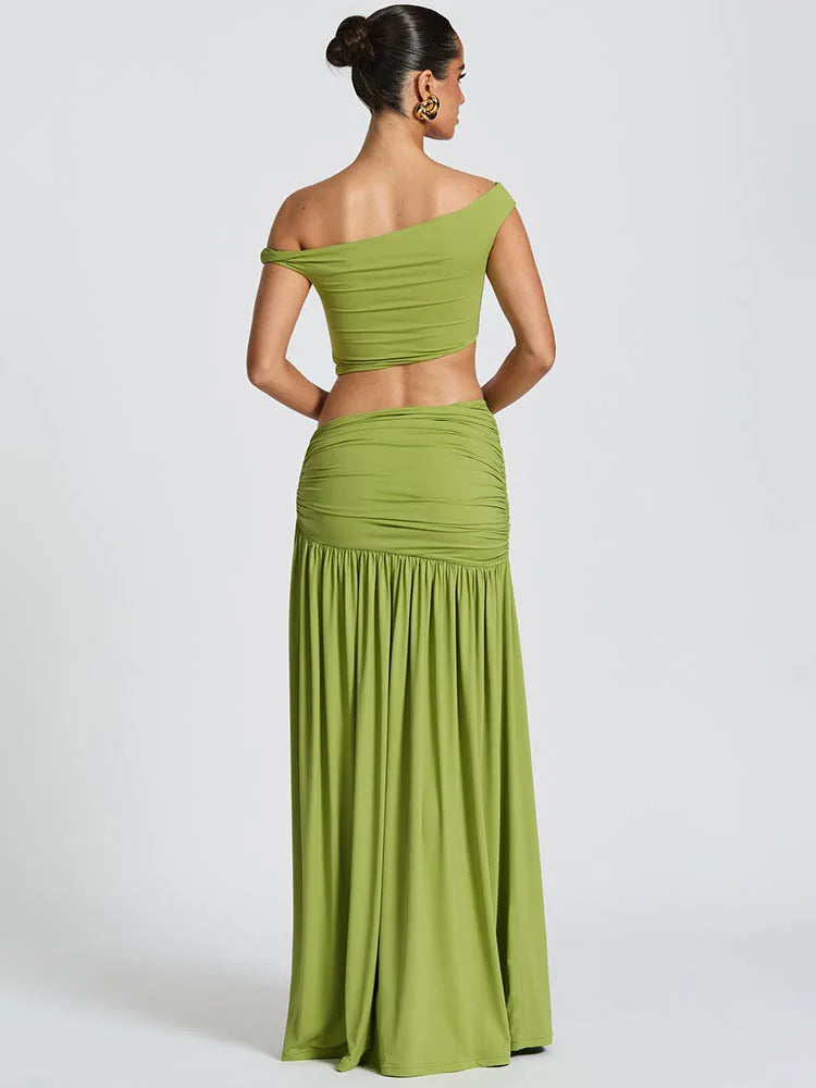 Conjunto Elegante, Top Curto de Gola Assimétrica, Sem Costas e Saia com Abertura,