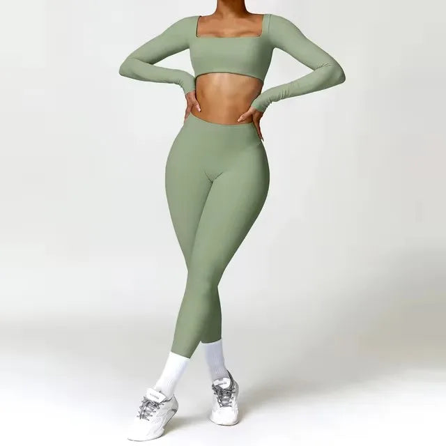 Fato de Treino  2 Peças com Leggings de Ginásio, Top Curto de Manga Comprida
