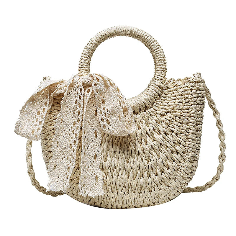 Bolsa de palha tecida de vime semicircular feita à mão