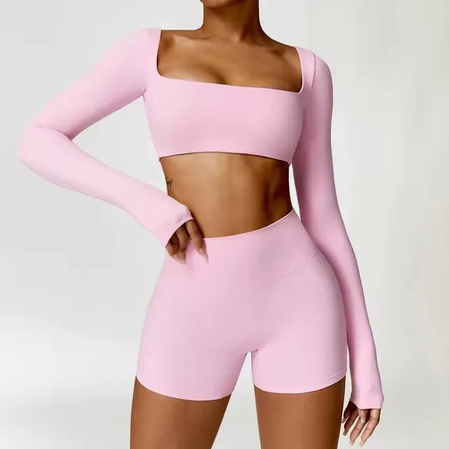 Fato de Treino  2 Peças com Leggings de Ginásio, Top Curto de Manga Comprida