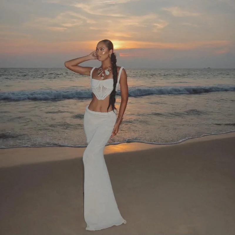 Conjunto de Praia, Top de Biquíni e Saia de Croché, Sexy, Sem Costas, Saia Longa