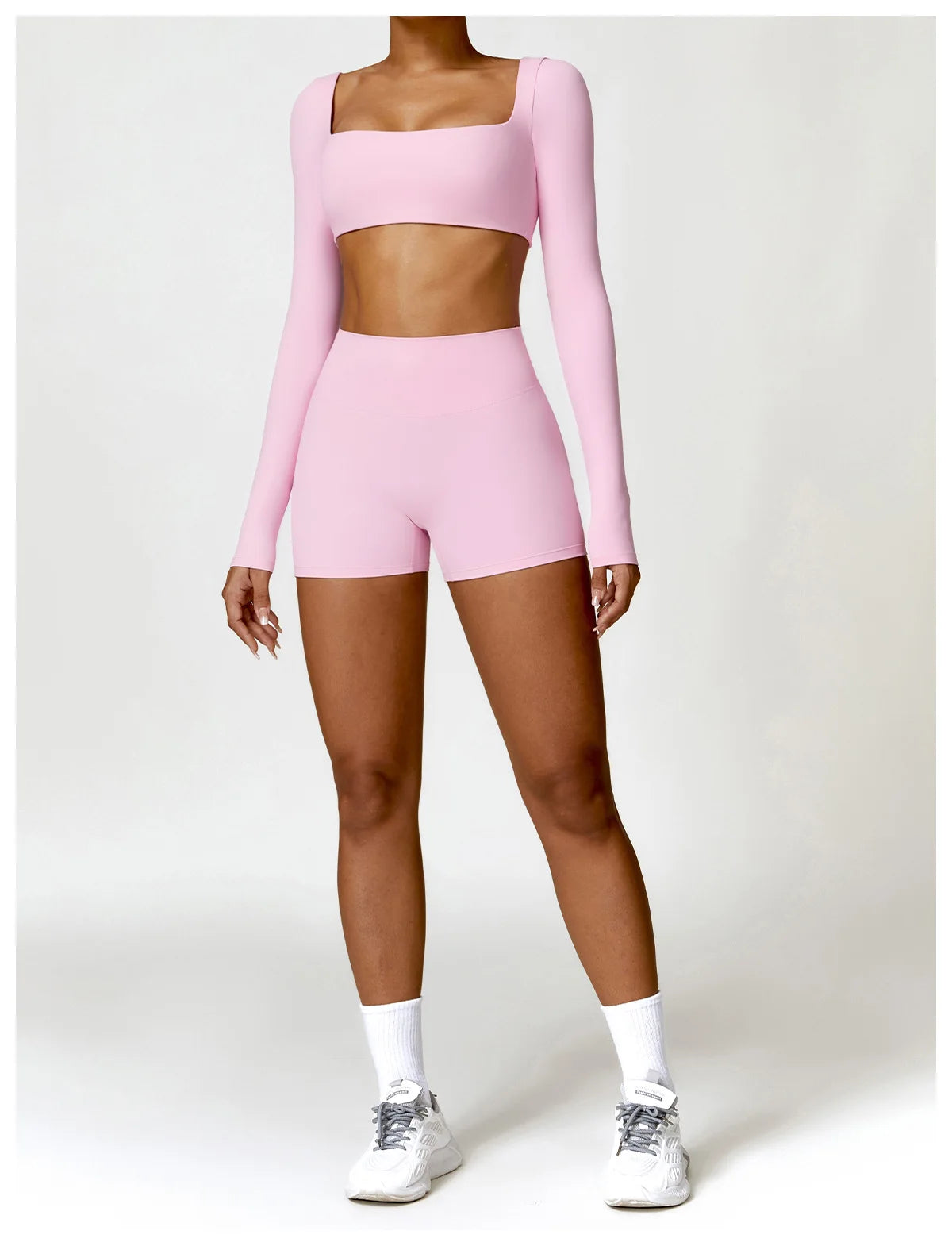 Fato de Treino  2 Peças com Leggings de Ginásio, Top Curto de Manga Comprida