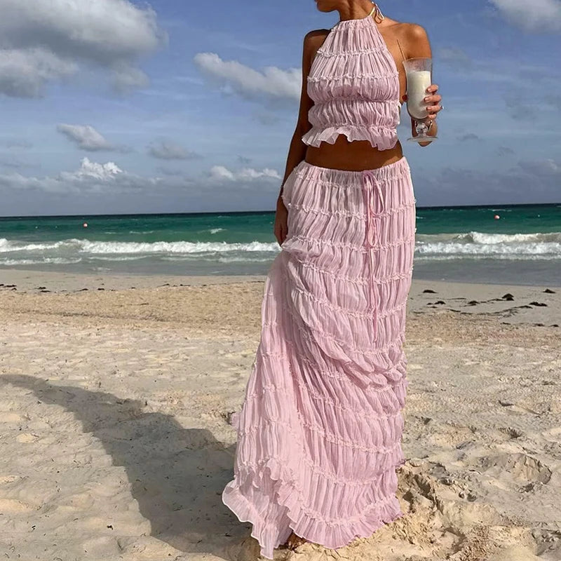 Conjunto 2 Peças, Sem Costas, Estilo Vintage, Top com Franzidos + Saia Longa Maxi