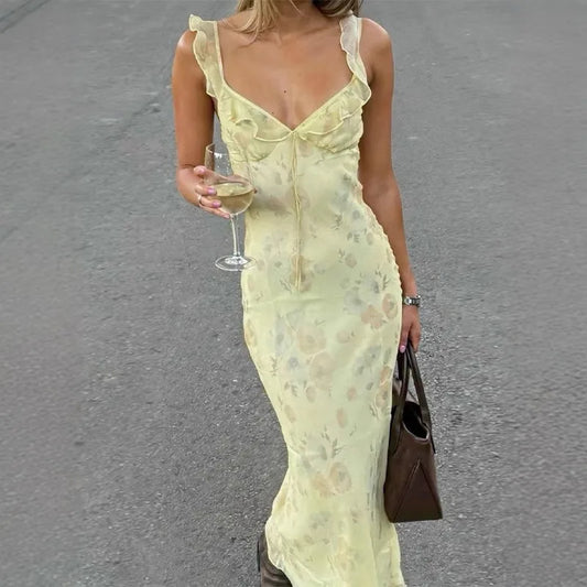 Vestido com Estampa Floral, Elegante, Decote Profundo em V, Sem Mangas, Sem Costas, Justo