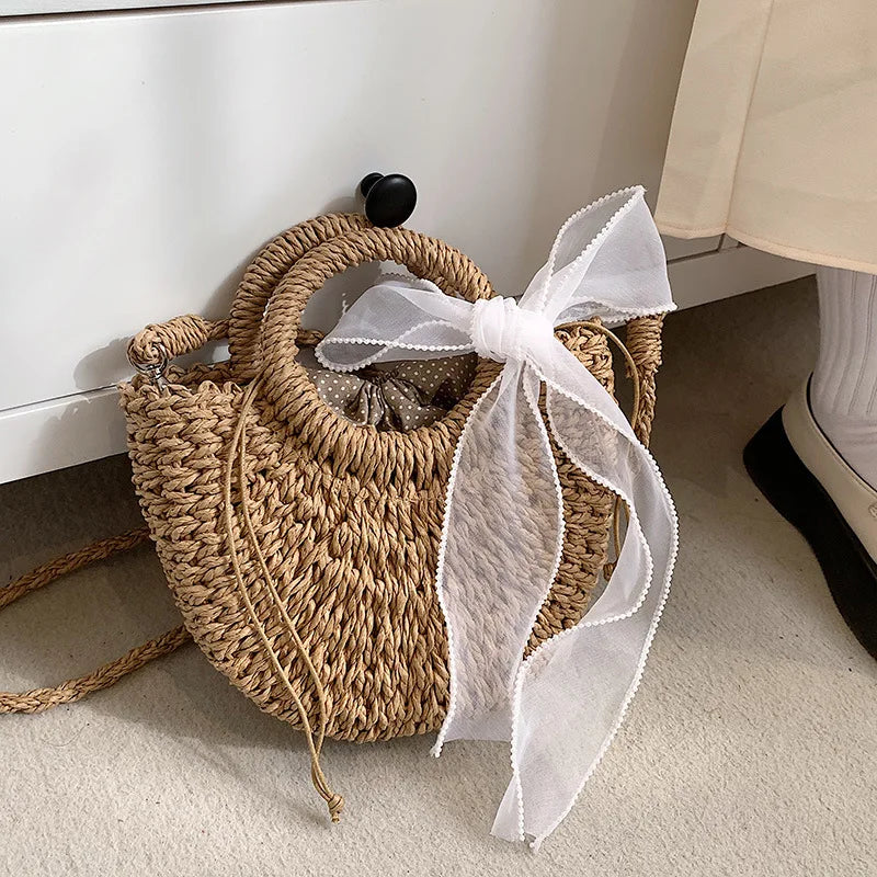 Bolsas de Palha Femininos Verão Feito à Mão Bolsa de Vime