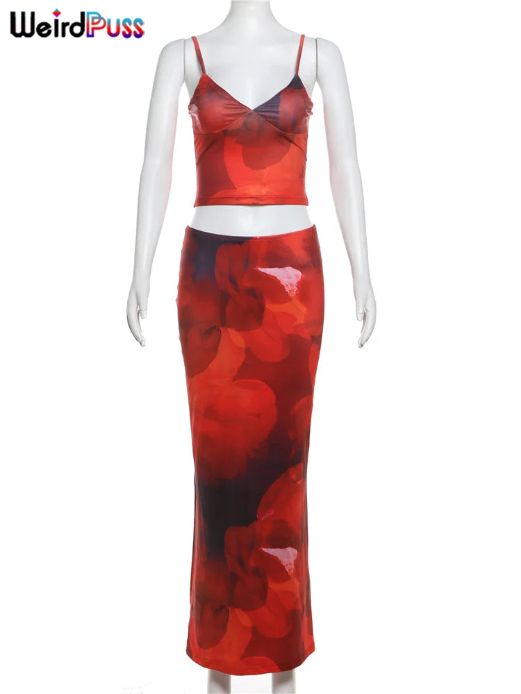 Conjunto de 2 Peças Florido, Estilo Praia, Elegante, Top com Decote em V + Saia Maxi