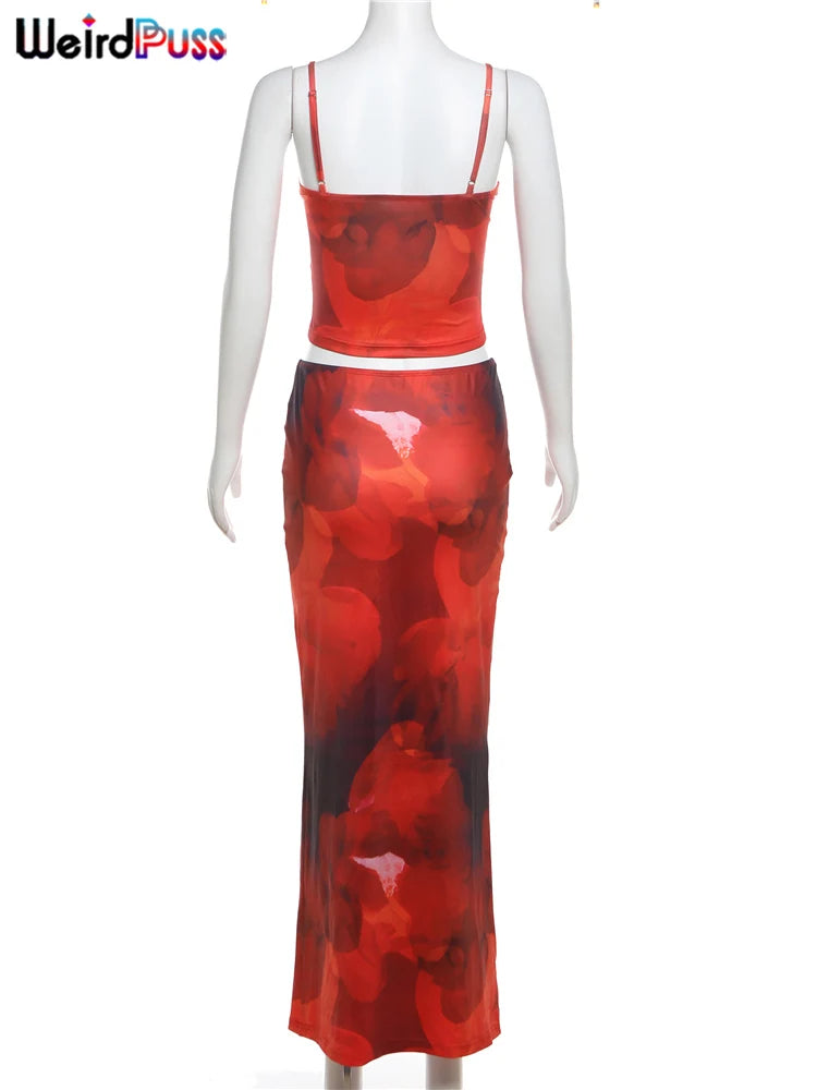 Conjunto de 2 Peças Florido, Estilo Praia, Elegante, Top com Decote em V + Saia Maxi