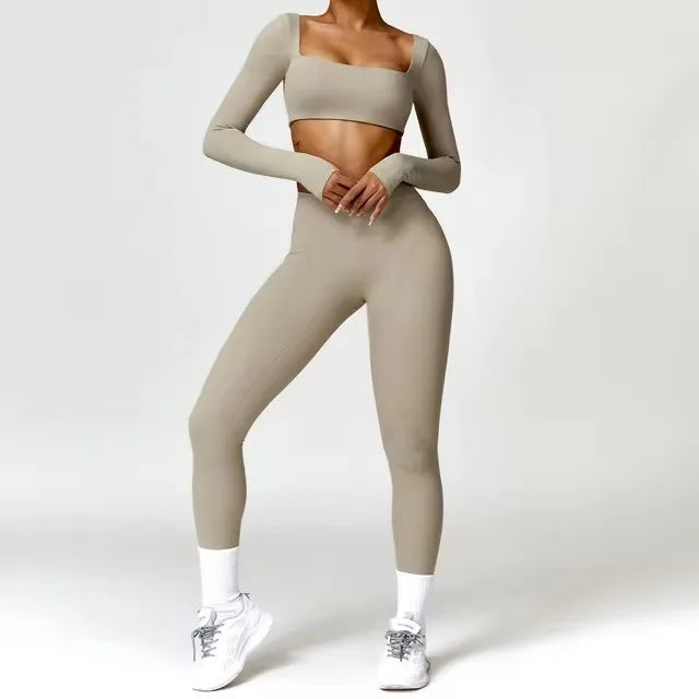 Fato de Treino  2 Peças com Leggings de Ginásio, Top Curto de Manga Comprida